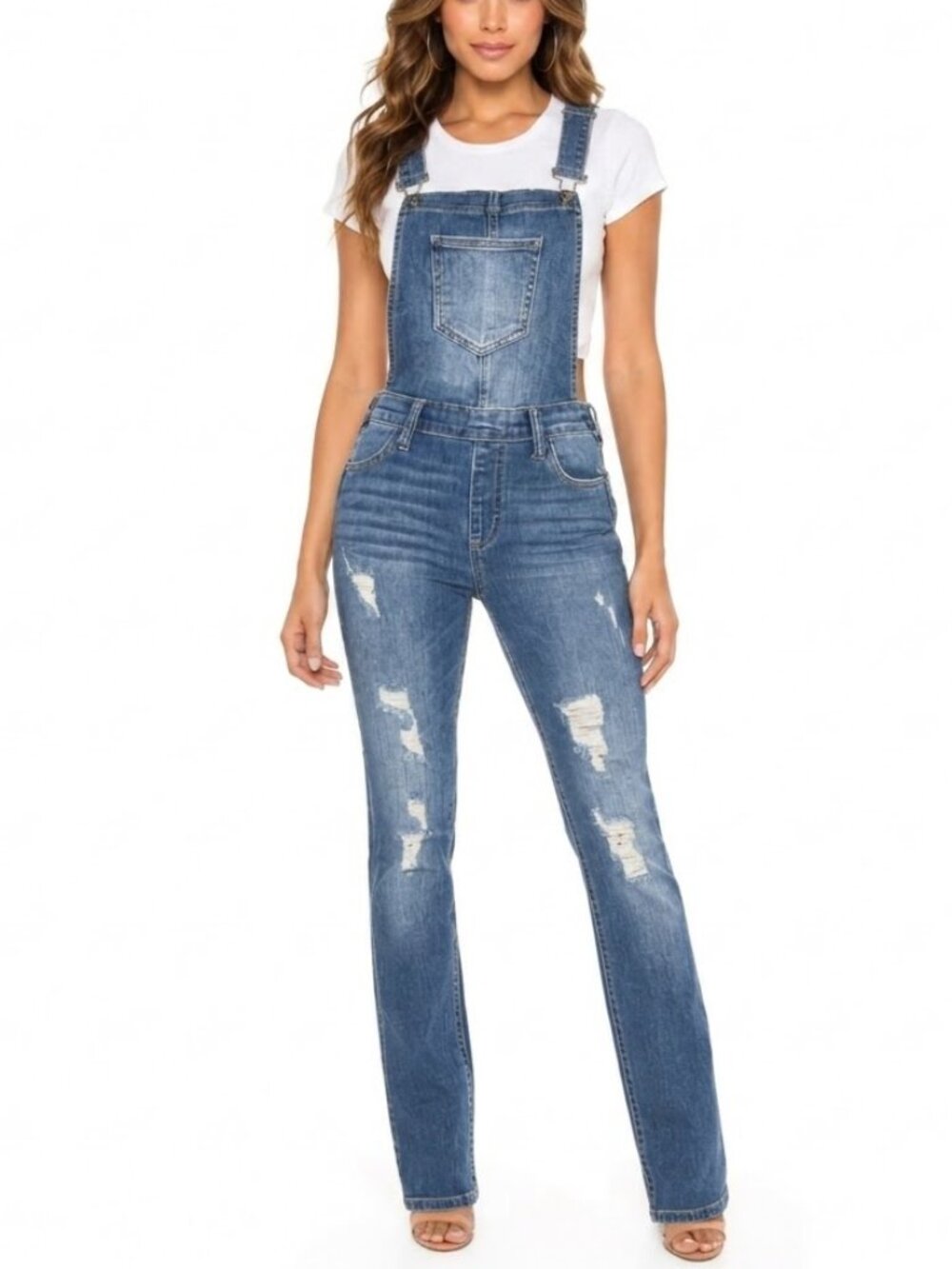 Cello Distressed Denim Overalls Medium Wash Ripped Skinny Jean Bib Jumpsuit M